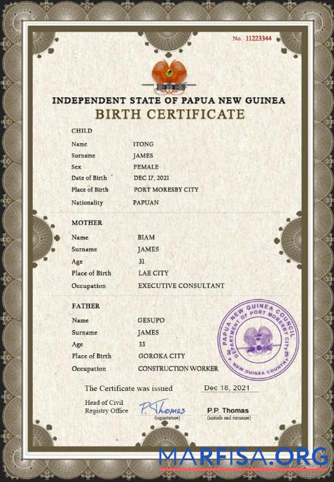 Printable Papua New Guinea birth certificate PSD template
